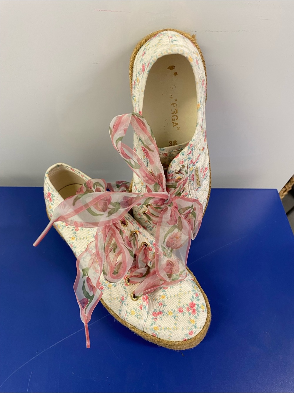 Superga White Floral Espadrille Sneakers with Pink Ribbon Laces